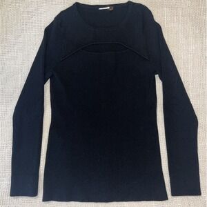 ELIE TAHARI Midnight Black Ribbed Cut Out Long Sleeve Top Size L